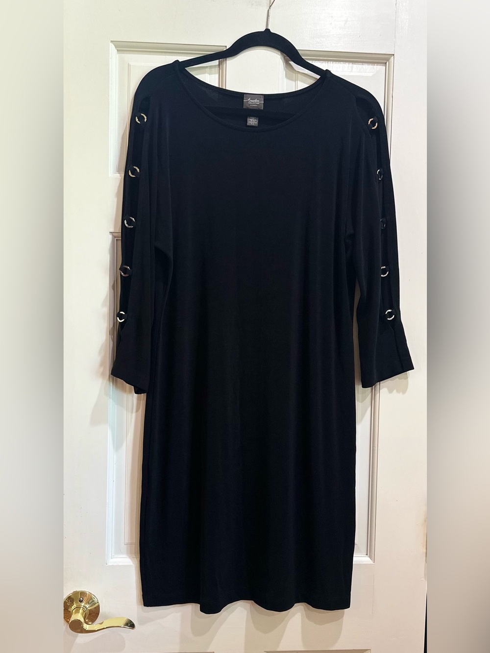 Chicos Travelers Black 3/4 Sleeve Open Grommet Slinky Midi Dress Size 2 12/14